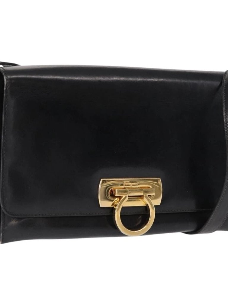 Salvatore Ferragamo Gancini Shoulder Bag Leather Gold Black Auth 169058